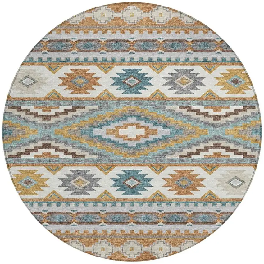 8' Copper And Ivory Round Southwestern Washable Indoor Outdoor Area Rug Photo 3