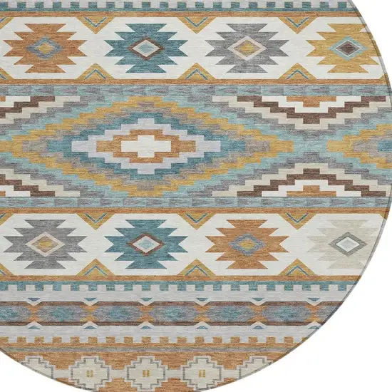8' Copper And Ivory Round Southwestern Washable Indoor Outdoor Area Rug Photo 2