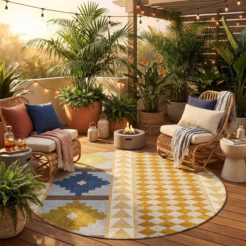 8' Copper And Ivory Round Southwestern Washable Indoor Outdoor Area Rug Photo 1