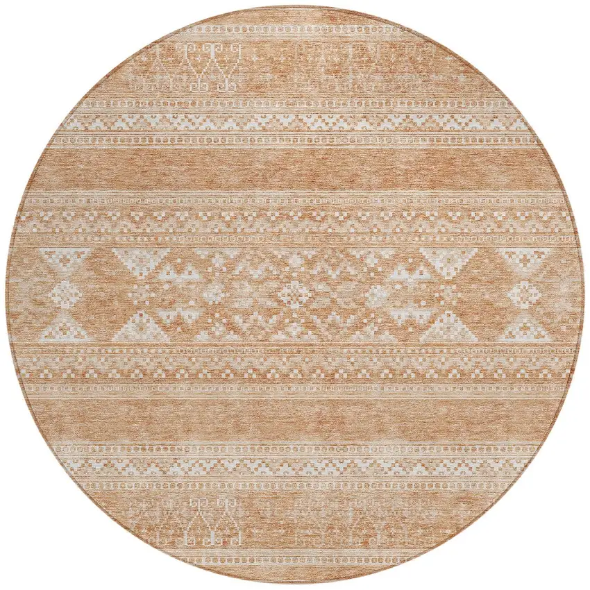 8' Copper And Ivory Round Southwestern Washable Indoor Outdoor Area Rug Photo 5