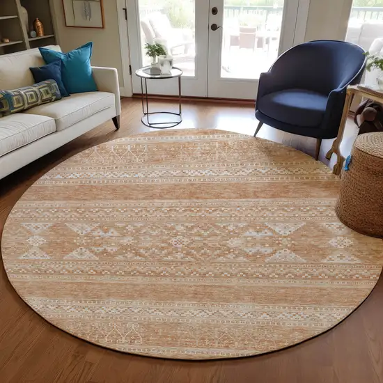 8' Copper And Ivory Round Southwestern Washable Indoor Outdoor Area Rug Photo 7