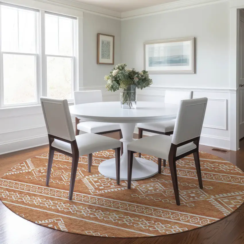 8' Copper And Ivory Round Southwestern Washable Indoor Outdoor Area Rug Photo 8