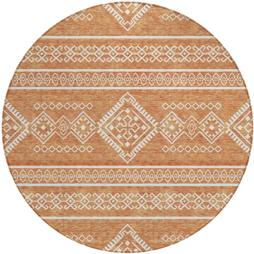 8' Copper And Ivory Round Southwestern Washable Indoor Outdoor Area Rug Photo 2