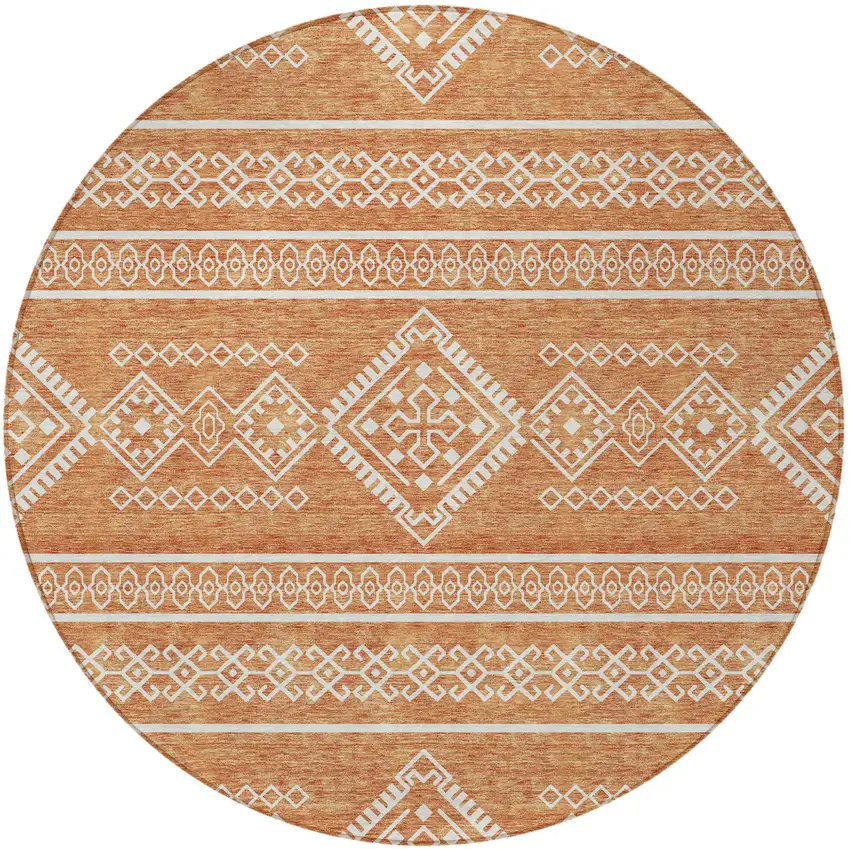 8' Copper And Ivory Round Southwestern Washable Indoor Outdoor Area Rug Photo 6