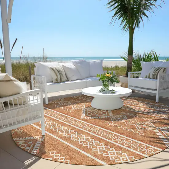 8' Copper And Ivory Round Southwestern Washable Indoor Outdoor Area Rug Photo 7