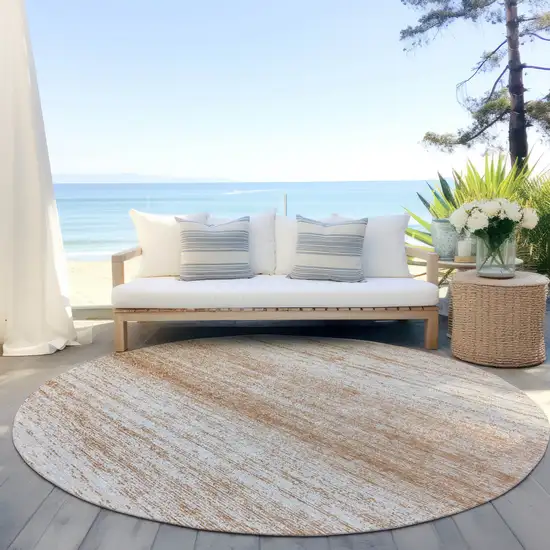 8' Copper And Ivory Round Striped Washable Indoor Outdoor Area Rug Photo 6