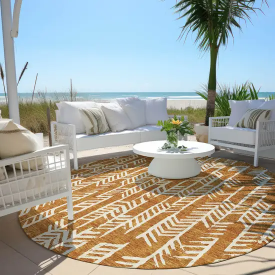 8' Copper And Ivory Round Tribal Washable Indoor Outdoor Area Rug Photo 7