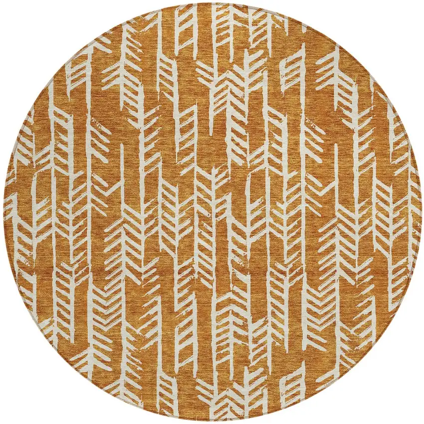 8' Copper And Ivory Round Tribal Washable Indoor Outdoor Area Rug Photo 6