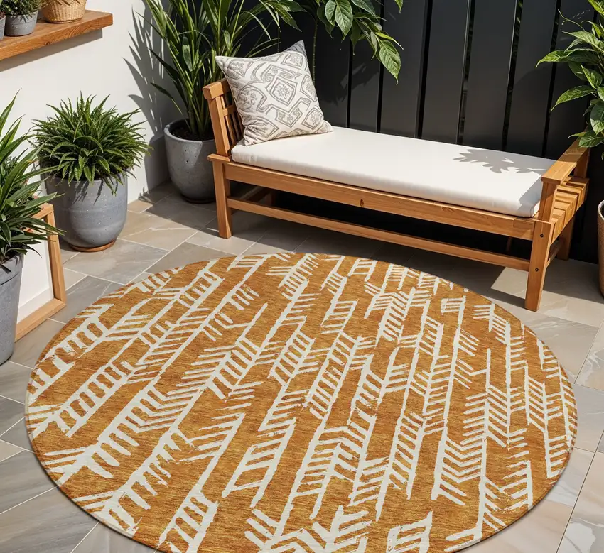 8' Copper And Ivory Round Tribal Washable Indoor Outdoor Area Rug Photo 1