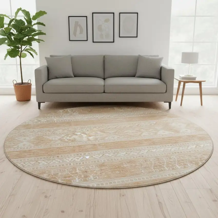 8' Copper And Ivory Southwestern Washable Round Rug With UV Protection Photo 2