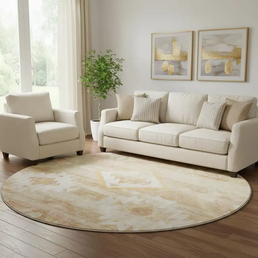 8' Copper And Ivory Southwestern Washable Round Rug With UV Protection Photo 1