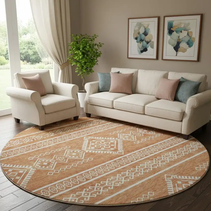 8' Copper And Ivory Southwestern Washable Round Rug With UV Protection Photo 1