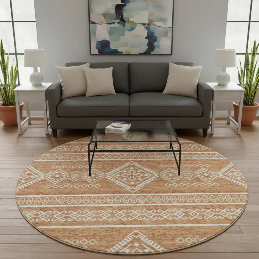 8' Copper And Ivory Southwestern Washable Round Rug With UV Protection Photo 2