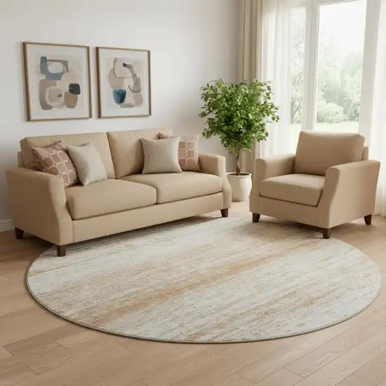 8' Copper And Ivory Striped Washable Round Rug With UV Protection Photo 1