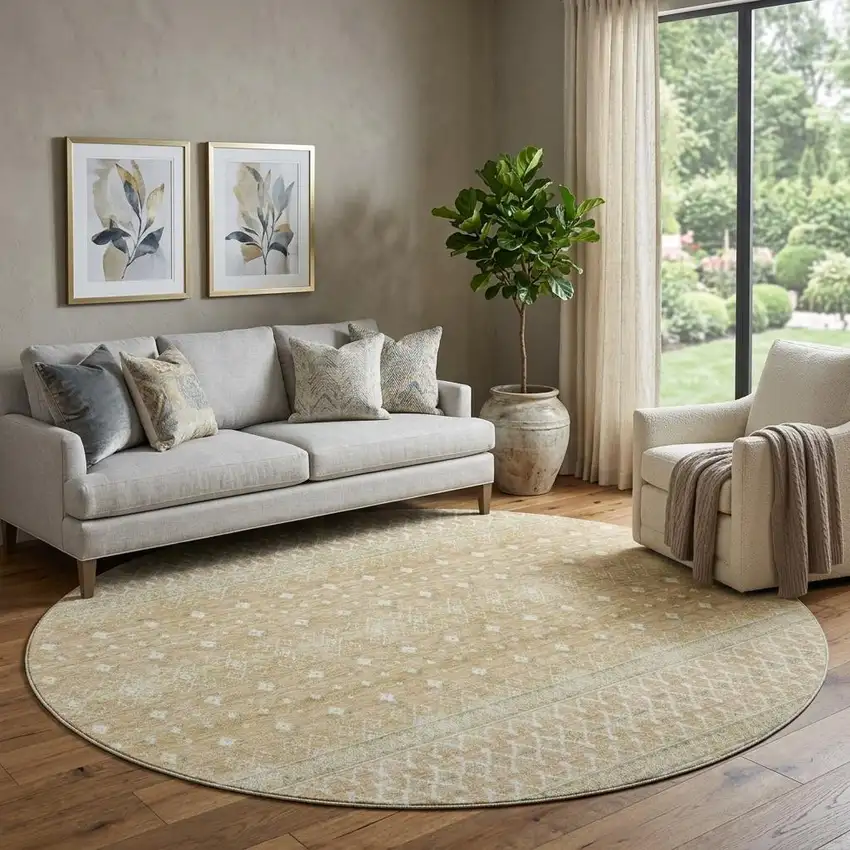 8' Copper And Ivory Tribal Washable Round Rug With UV Protection Photo 1