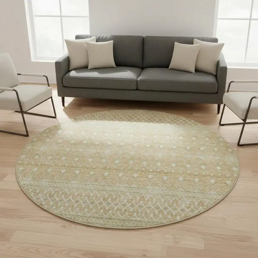 8' Copper And Ivory Tribal Washable Round Rug With UV Protection Photo 2