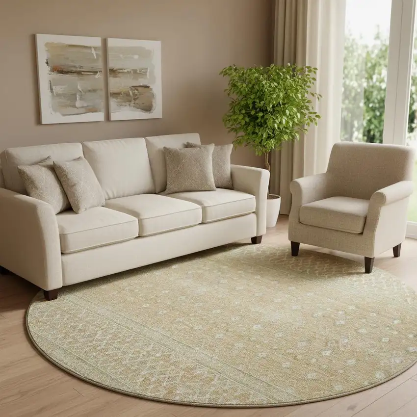 8' Copper And Ivory Tribal Washable Round Rug With UV Protection Photo 1