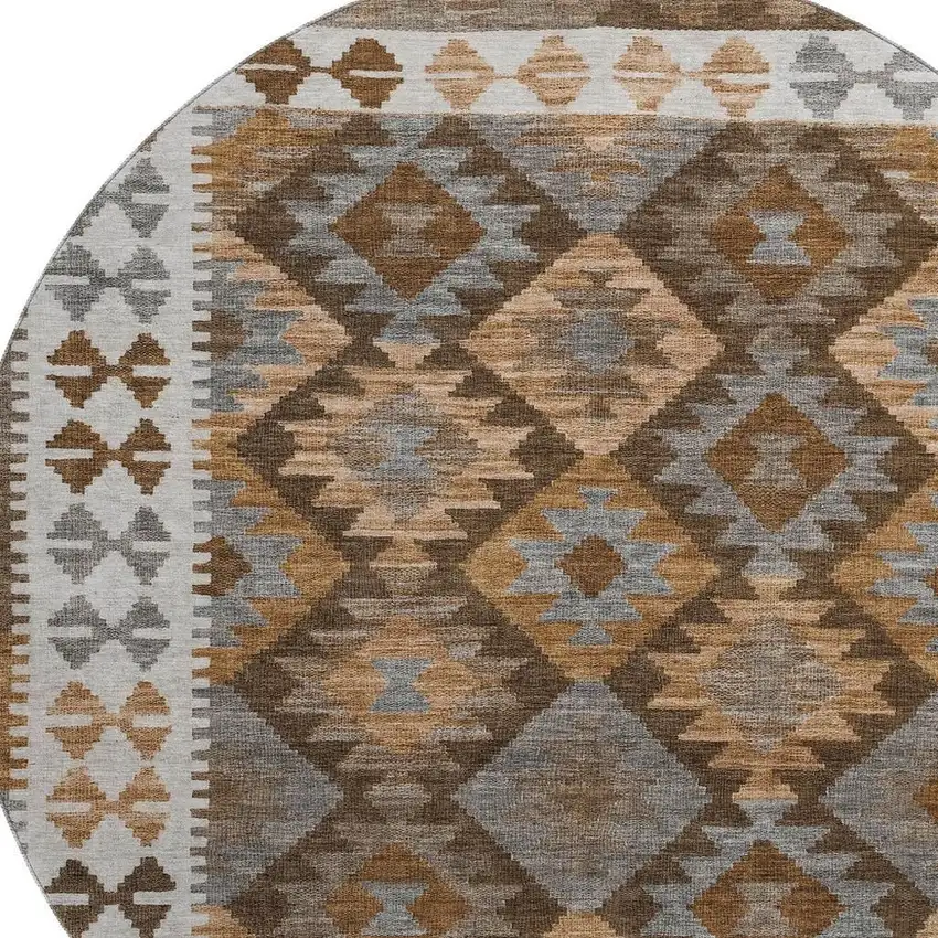 8' Copper And Ivory Tribal Washable Round Rug With UV Protection Photo 3