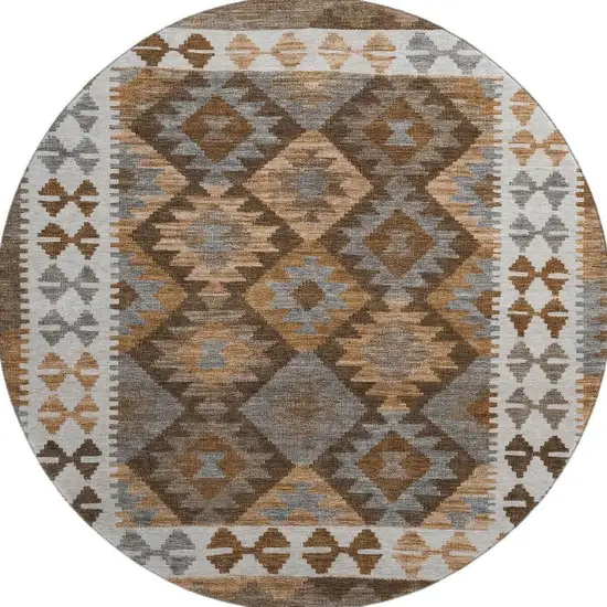 8' Copper And Ivory Tribal Washable Round Rug With UV Protection Photo 4
