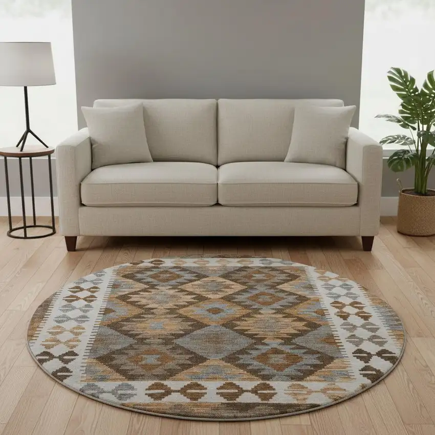 8' Copper And Ivory Tribal Washable Round Rug With UV Protection Photo 2