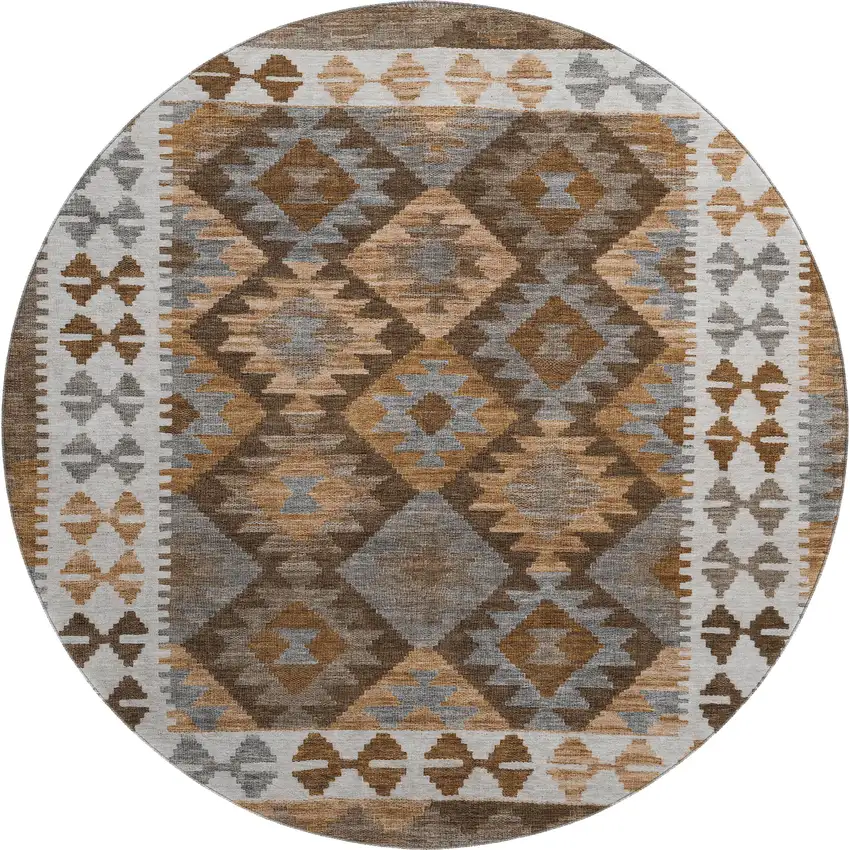 8' Copper And Ivory Tribal Washable Round Rug With UV Protection Photo 1