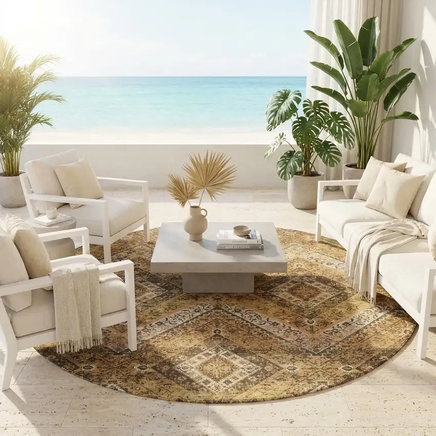 8' Copper And Khaki Round Tribal Washable Indoor Outdoor Area Rug Photo 1
