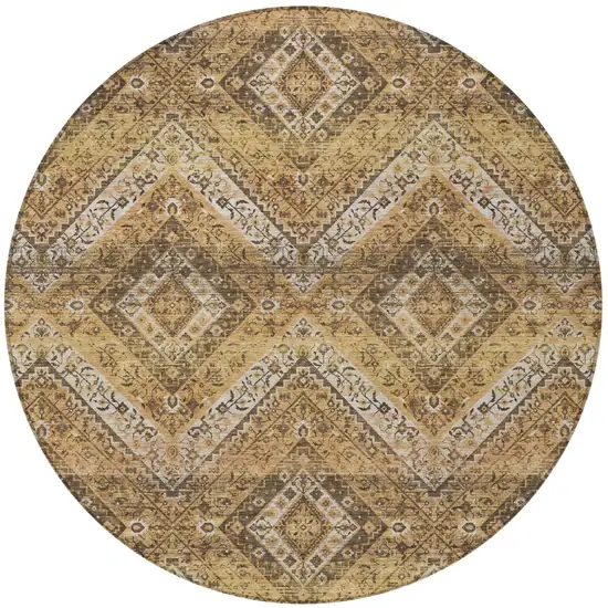 8' Copper And Khaki Round Tribal Washable Indoor Outdoor Area Rug Photo 4