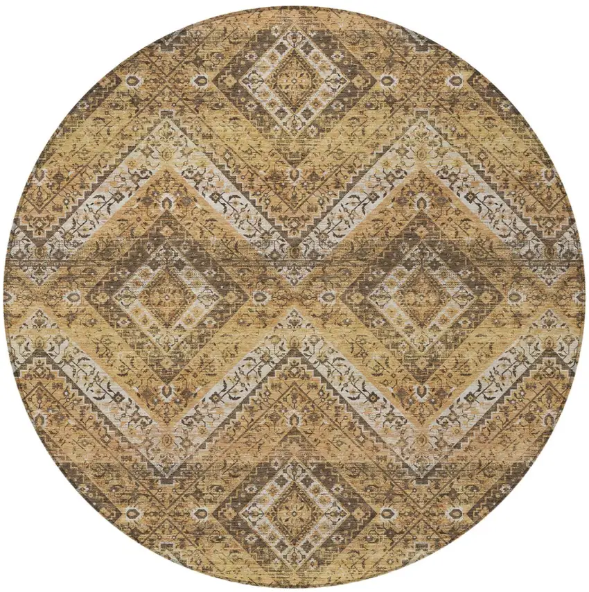8' Copper And Khaki Round Tribal Washable Indoor Outdoor Area Rug Photo 4