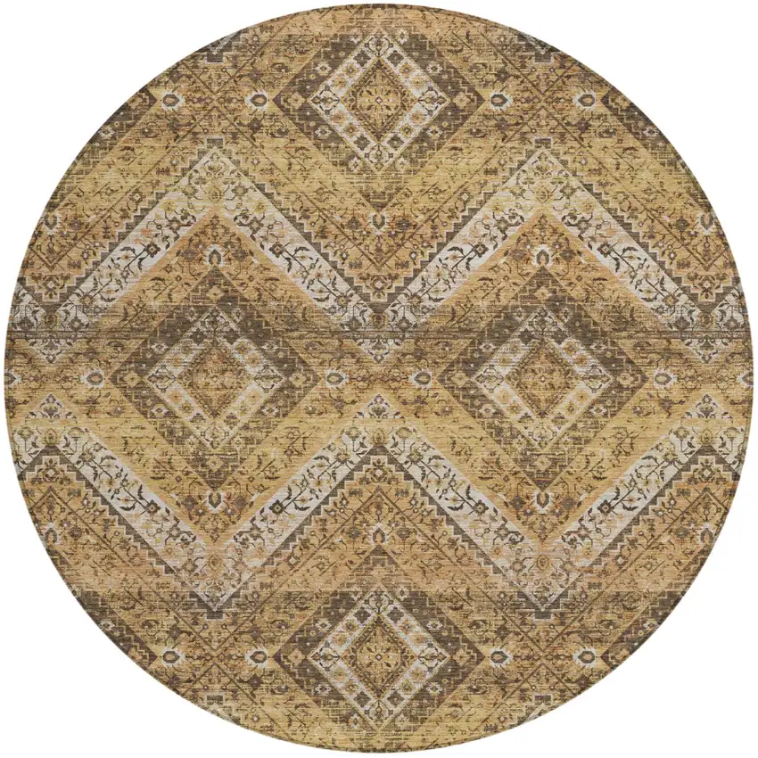 8' Copper And Khaki Round Tribal Washable Indoor Outdoor Area Rug Photo 2