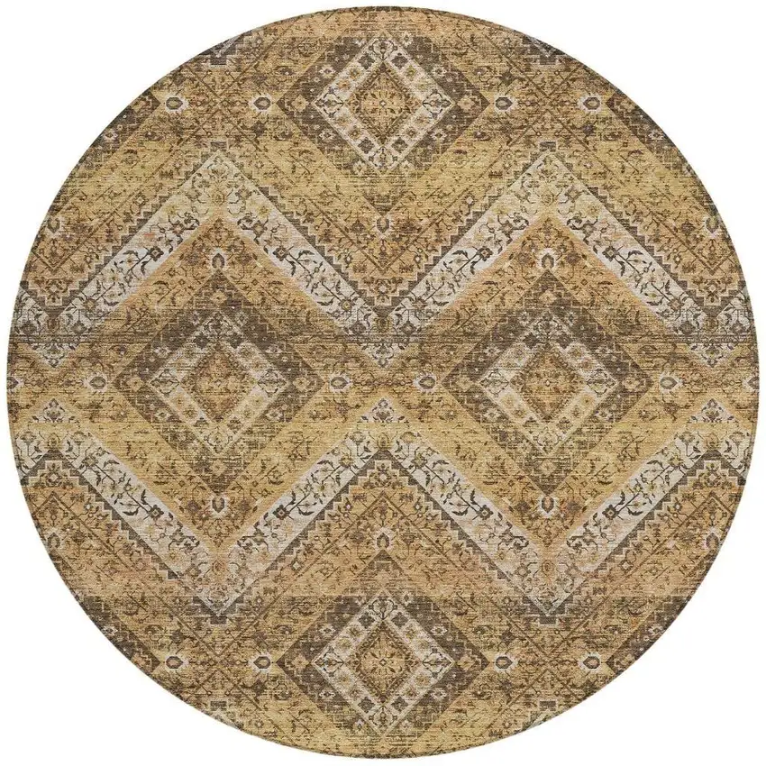 8' Copper And Khaki Round Tribal Washable Indoor Outdoor Area Rug Photo 3