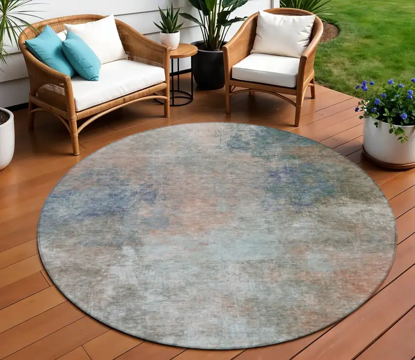 8' Copper And Navy Blue Round Abstract Washable Indoor Outdoor Area Rug Photo 2