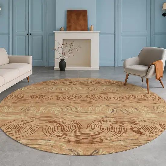 8' Copper And Orange Round Abstract Washable Indoor Outdoor Area Rug Photo 5