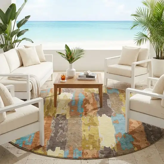 8' Copper And Orange Round Abstract Washable Indoor Outdoor Area Rug Photo 1