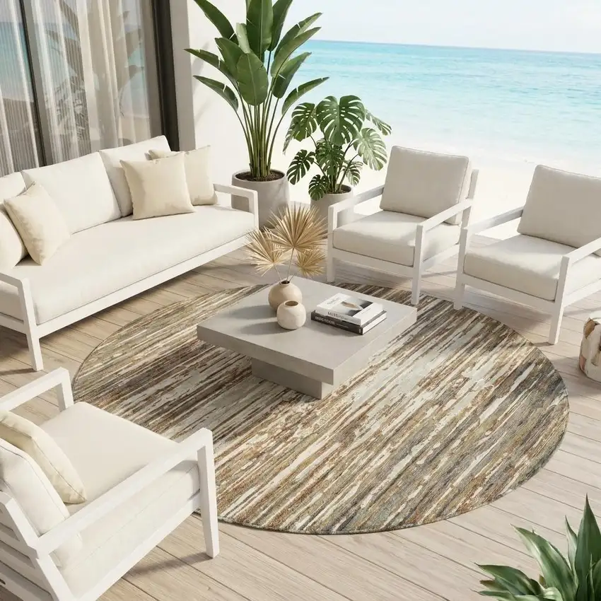 8' Copper And Orange Round Abstract Washable Indoor Outdoor Area Rug Photo 1
