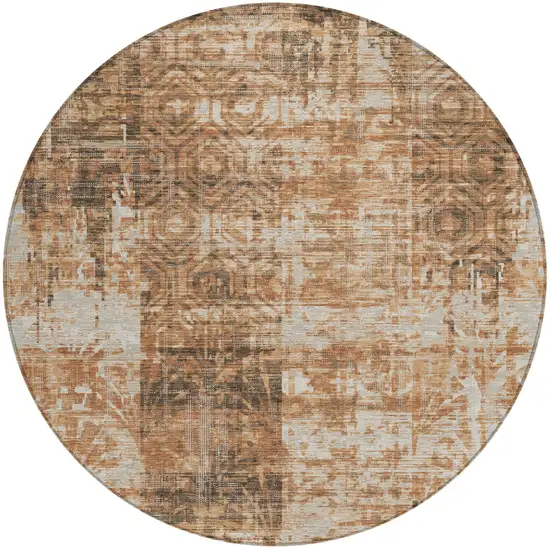8' Copper And Orange Round Abstract Washable Indoor Outdoor Area Rug Photo 2
