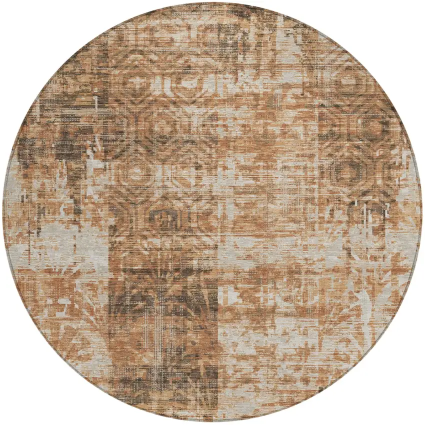 8' Copper And Orange Round Abstract Washable Indoor Outdoor Area Rug Photo 2