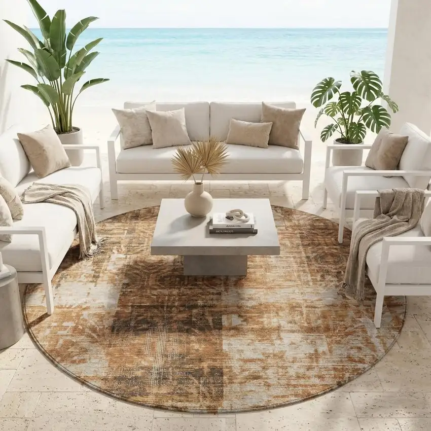 8' Copper And Orange Round Abstract Washable Indoor Outdoor Area Rug Photo 1