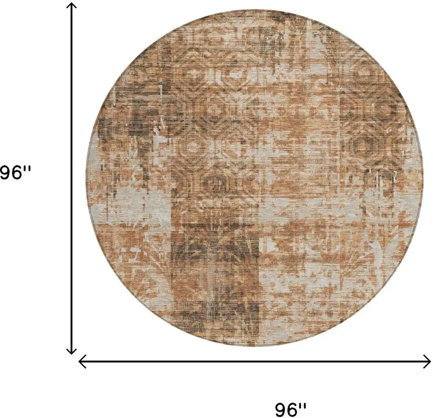 8' Copper And Orange Round Abstract Washable Indoor Outdoor Area Rug Photo 5