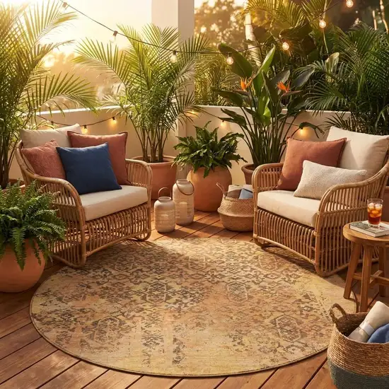 8' Copper And Orange Round Abstract Washable Indoor Outdoor Area Rug Photo 1