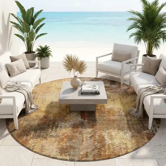 8' Copper And Orange Round Abstract Washable Indoor Outdoor Area Rug Photo 1