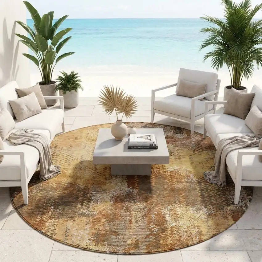 8' Copper And Orange Round Abstract Washable Indoor Outdoor Area Rug Photo 1
