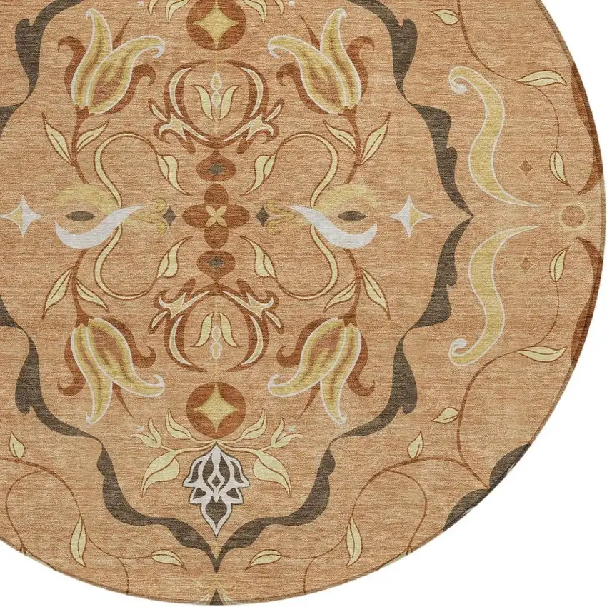 8' Copper And Orange Round Damask Washable Indoor Outdoor Area Rug Photo 2