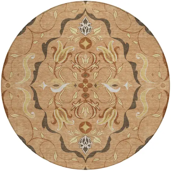 8' Copper And Orange Round Damask Washable Indoor Outdoor Area Rug Photo 1