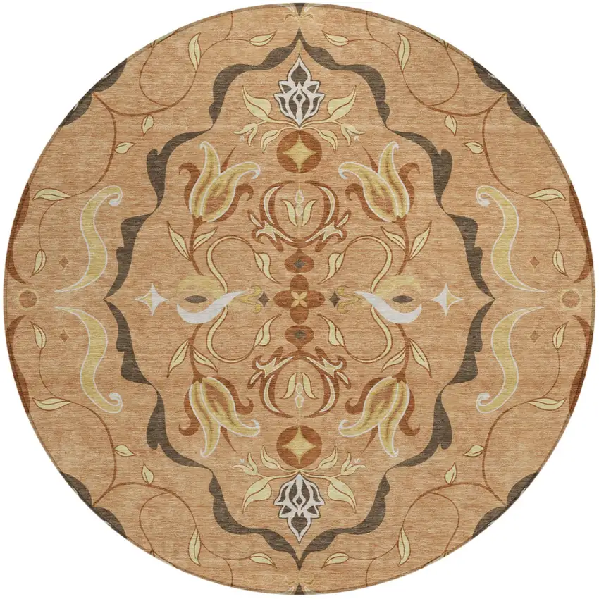 8' Copper And Orange Round Damask Washable Indoor Outdoor Area Rug Photo 1