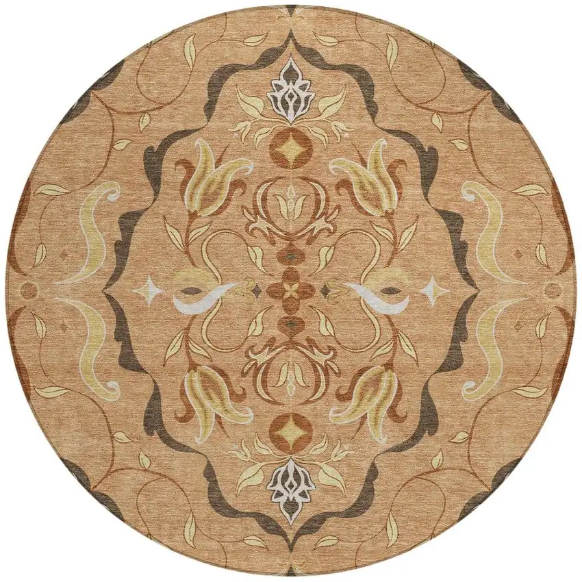 8' Copper And Orange Round Damask Washable Indoor Outdoor Area Rug Photo 3