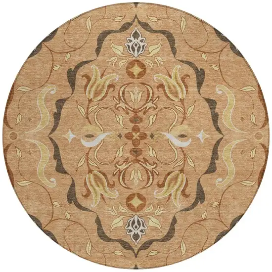 8' Copper And Orange Round Damask Washable Indoor Outdoor Area Rug Photo 3