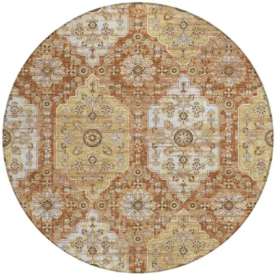 8' Copper And Orange Round Damask Washable Indoor Outdoor Area Rug Photo 3