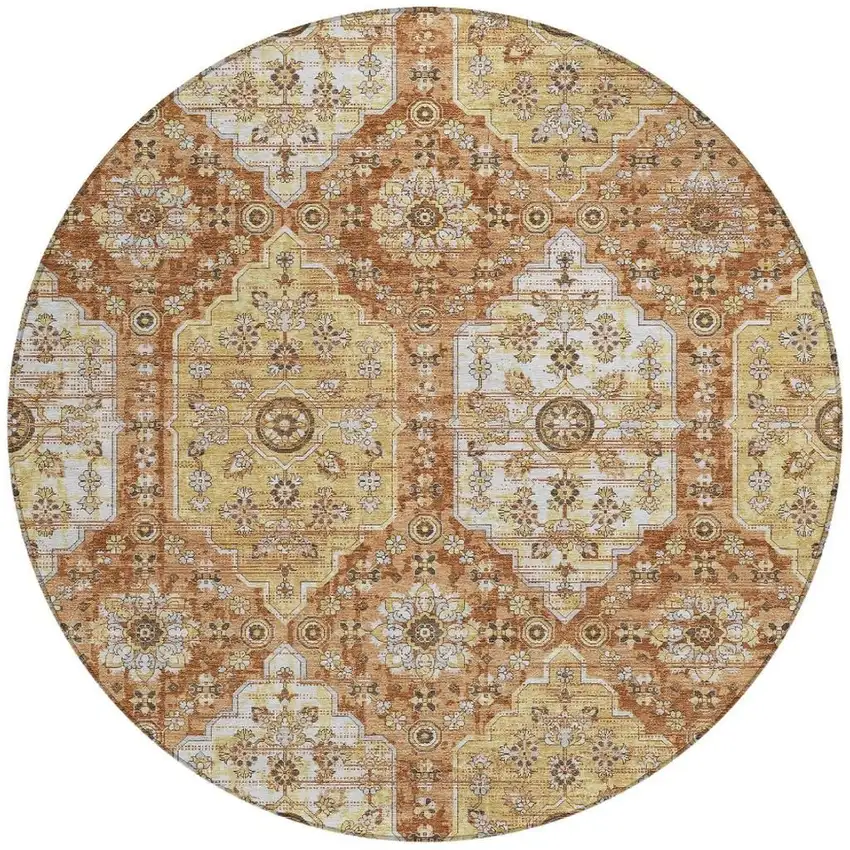 8' Copper And Orange Round Damask Washable Indoor Outdoor Area Rug Photo 3