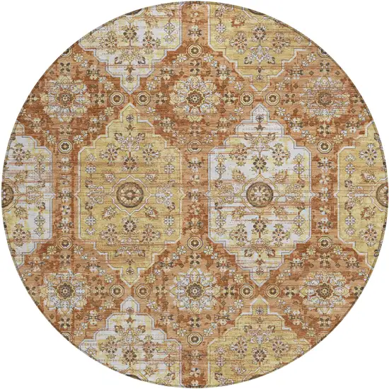 8' Copper And Orange Round Damask Washable Indoor Outdoor Area Rug Photo 1