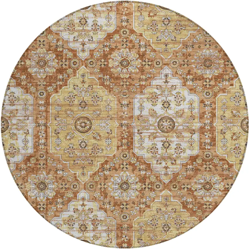 8' Copper And Orange Round Damask Washable Indoor Outdoor Area Rug Photo 1
